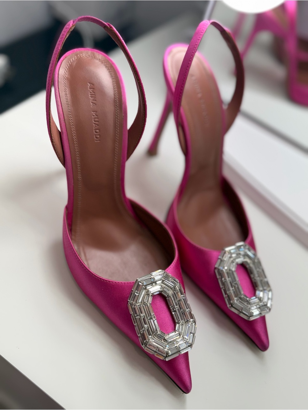 Amina Muaddi Pink Embellished Satin Slingback Pumps
